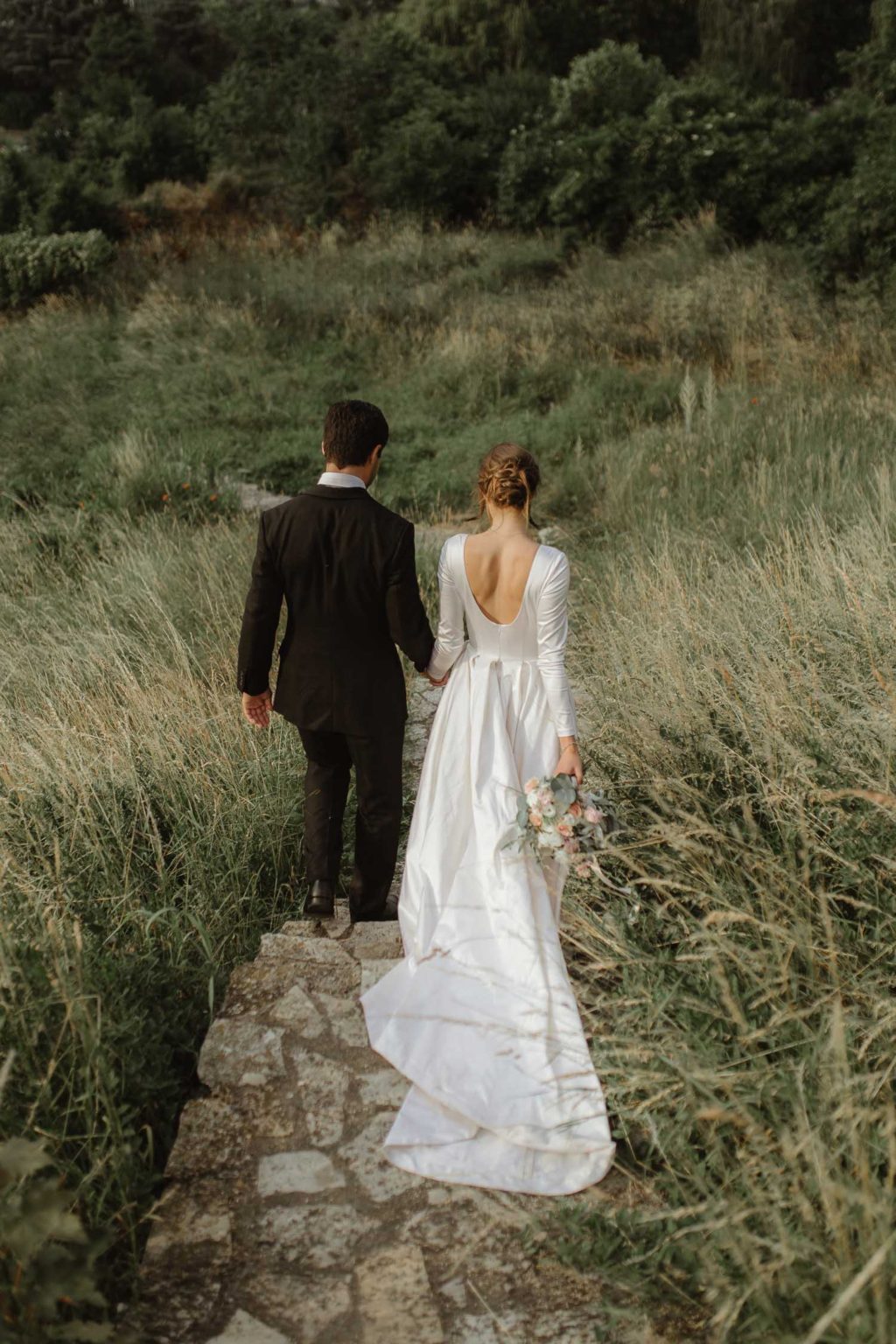 Long modern and simple lace wedding dress